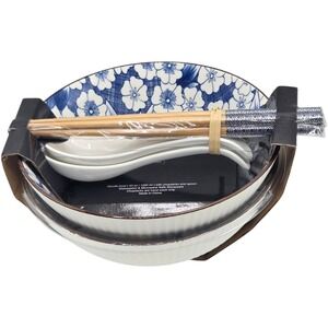 SH Home Blue Floral Ceramic Ramen Noodle Bowl Set of 2 With Chopsticks And Spoon